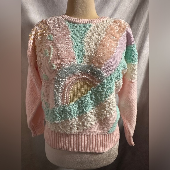 Jaclyn Smith Sweaters - Vintage Jaclyn Smith Pastel Applique Beaded Sweater 80s Vaporwave 1980s Pink